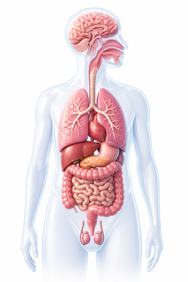 Human anatomy diagram showing organs affected by microplastics